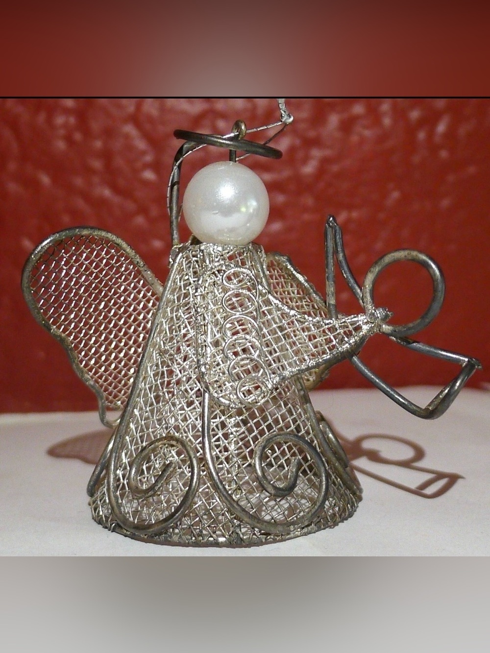 Vtg 1995 Wire Mesh Silver Angel Christmas Ornaments Faux Pearl Set of 2